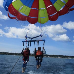 a parachute with a body of water