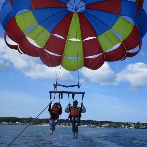 a parachute with a body of water