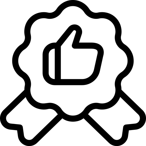 Outlined badge with thumbs-up symbol and ribbon.